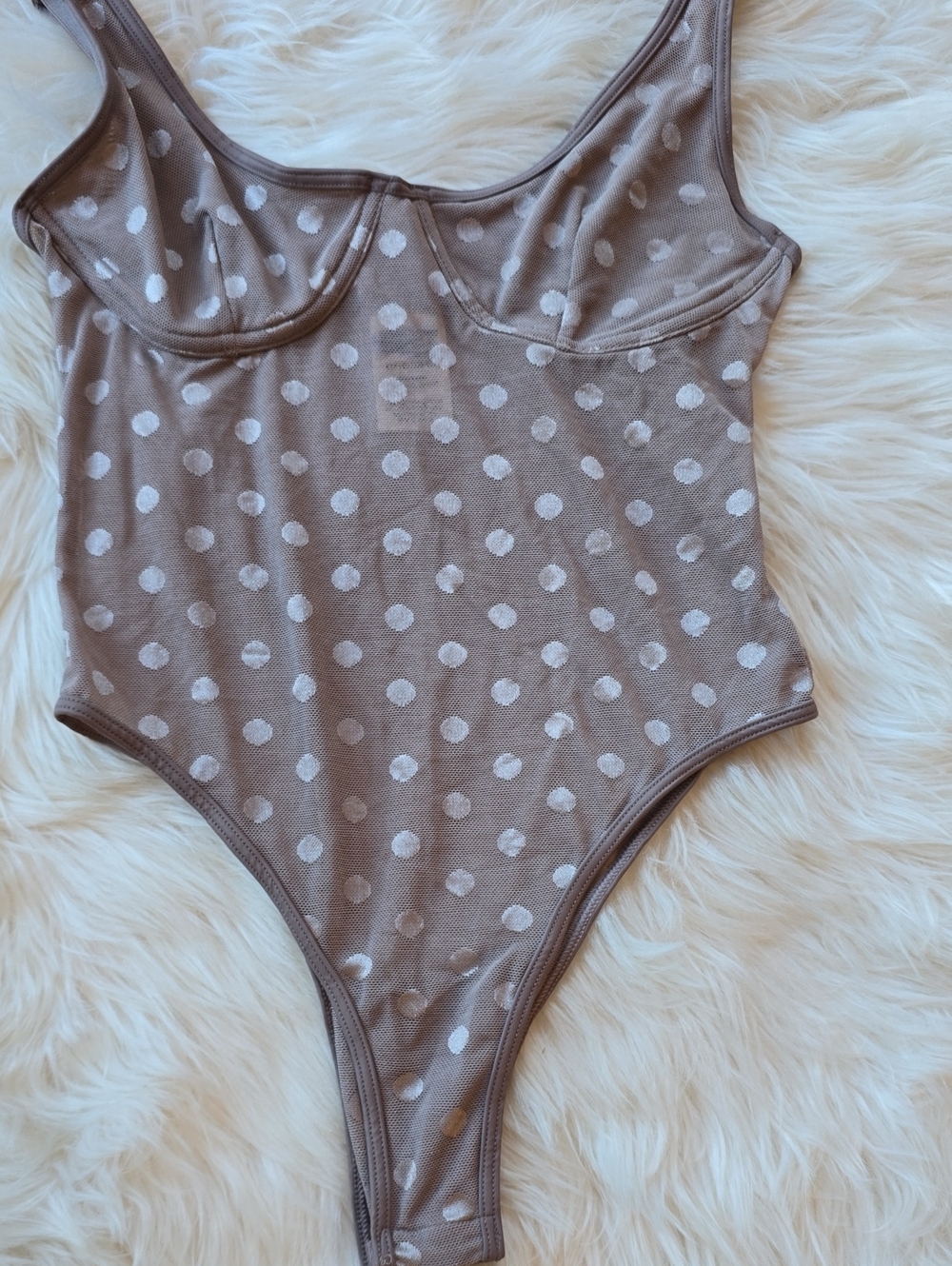 PINK Victoria's Secret Taupe Polka Dot Sheer Mesh Bodysuit SIZE S